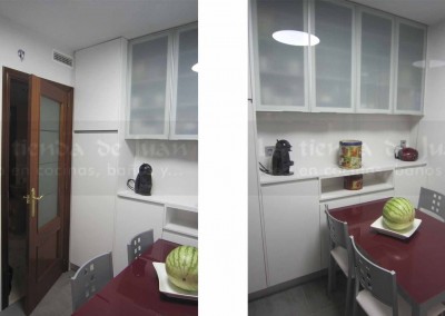 Cocina DiGiovanni, Reforma, Zaragoza, Cocina, Mueble a medida, lapitec, amueblamiento, frontal, cocina modera, cocina blanca, mesa roja, columna horno microondas, vitrinas