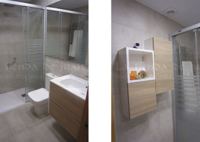 Baño DiGiovanni, Reforma, Zaragoza, Baño, Mueble a medida, Sergio Luppi, Baño moderno, Baño crema, Porcelanosa, Roca, griferia empotrada, Encimera Durian Corian, tirador oculto, amueblamiento, madera y blanco, espejo grande, Tres, Ducha termostática, plato de ducha, plato de pizarra, plato a ras