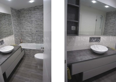 Baño DiGiovanni, Reforma, Zaragoza, Baño, Mueble a medida, Baño moderno, Baño blanco y negro, Porcelanosa, Roca, lavabo sobre encimera, tirador oculto, amueblamiento, blanco y negro, espejo grande, Tres, Ducha termostática, bañera, mampara cristal, radiador toallero, radiador toallero blanco