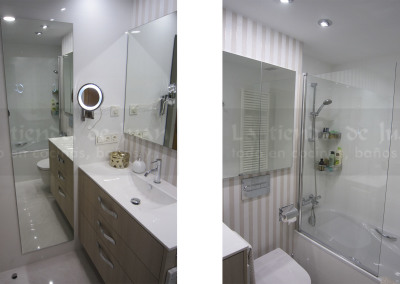 Baño DiGiovanni, Reforma, Zaragoza, Baño, Mueble a medida, cisterna empotrada, lavabo porcelana, Baño moderno, Baño blanco, Porcelanosa, Roca, grifo termostático, mueble madera, amueblamiento, blanco, espejo grande, Tres, bañera, baldosa marmoleada, baldosa rayada, espejo camerino, espejo entero,