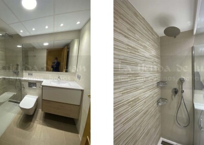 Baño DiGiovanni, Reforma, Zaragoza, Baño, Mueble a medida, amueblamiento, mueble madera, mueble madera, tirador oculto, mueble cajones, durian, corian, krion, encimera, una poza desplazada, mampara cristal, cerámica crema, cerámica lineas, suelo gris, radiador toallero, columna ducha, plato ducha pizarra, plato ducha a ras, toallero en alto, mampara una hoja