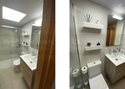 Baño DiGiovanni, Reforma, Zaragoza, Baño, Mueble a medida, amueblamiento, mueble madera, mueble madera, tirador oculto, mueble cajones, durian, corian, krion, encimera, una poza desplazada, mampara cristal, cerámica crema, cerámica lineas, suelo gris, radiador toallero, columna ducha, plato ducha pizarra, plato ducha a ras, toallero en alto, mampara una hoja