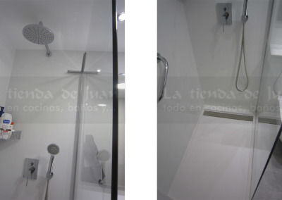 Baño DiGiovanni, Reforma, Zaragoza, Baño, Mueble a medida, Sergio Luppi, cisterna empotrada, lavabo bajo encimera, encimera Silestone, Baño moderno, Baño blanco, Porcelanosa, Roca, grifo termostático, grifería empotrada, mueble laca, amueblamiento, blanco, espejo grande, Tres, bañera, baldosa marmoleada, baldosa marmol