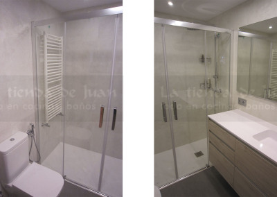 Baño DiGiovanni, Reforma, Zaragoza, Baño, Mueble a medida, Baño moderno, Baño crema, Porcelanosa, Roca, griferia termostática, columna, Encimera Durian Corian, tirador oculto, amueblamiento, madera, espejo grande, Tres, Ducha termostática, plato de ducha, plato de pizarra, plato a ras, mampara cristal, radiador toallero, radiador toallero blanco