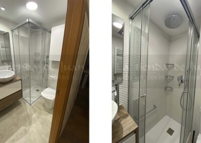 Baño DiGiovanni, Reforma, Zaragoza, Baño, Mueble a medida, amueblamiento, mueble madera, mueble madera, tirador oculto, mueble cajones, durian, corian, krion, encimera, una poza desplazada, mampara cristal, cerámica crema, cerámica lineas, suelo gris, radiador toallero, columna ducha, plato ducha pizarra, plato ducha a ras, toallero en alto, mampara de dos hojas