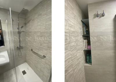 Baño DiGiovanni, Reforma, Zaragoza, Baño, Mueble a medida, amueblamiento, mueble madera, mueble madera, tirador oculto, mueble cajones, durian, corian, krion, encimera, una poza desplazada, mampara cristal, cerámica crema, cerámica lineas, suelo gris, radiador toallero, columna ducha, plato ducha pizarra, plato ducha a ras, toallero en alto, mampara de dos hojas, silla ruedas, mampara pmr