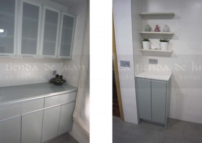 Cocina DiGiovanni, Reforma, Zaragoza, Cocina, Mueble a medida, Cocna moderno, Cocina blanca, cocina blanca y menta, Porcelanosa, fregadero optica enrasada, grigo osmosis, cesto de rincón, vitrina, campana con mueble, Silestone, Dekton, Compac, tirador gola, amueblamiento, lampara alambre,