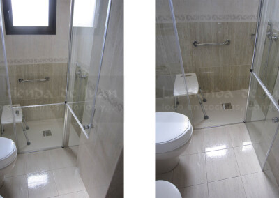 Baño DiGiovanni, Reforma, Zaragoza, Baño, Mueble a medida, amueblamiento, mueble madera, mueble madera, tirador oculto, mueble cajones, durian, corian, krion, encimera, una poza desplazada, mampara cristal, cerámica crema, cerámica lineas, suelo gris, radiador toallero, columna ducha, plato ducha pizarra, plato ducha a ras, toallero en alto, mampara de dos hojas, movilidad reducida, pmr