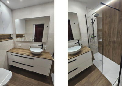 Aseo, Baño DiGiovanni, Reforma, Zaragoza, Baño, Mueble a medida, amueblamiento, mueble blanco, lavabo sobre encimera, tirador oculto, mueble cajones, durian, corian, krion, encimera madera, mampara cristal, cerámica mosaico, cerámica crema, cerámica lineas, suelo gris, radiador toallero, columna ducha, plato ducha pizarra, plato ducha a ras, toallero en alto, mampara de dos hojas, bañera, espejo luz led, mampara bañera