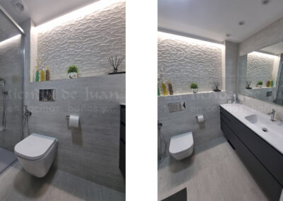 Aseo, Baño DiGiovanni, Reforma, Zaragoza, Baño, Mueble a medida, amueblamiento, mueble blanco, lavabo sobre encimera, tirador oculto, mueble cajones, durian, corian, krion, encimera madera, mampara cristal, cerámica mosaico, cerámica crema, cerámica lineas, suelo gris, radiador toallero, columna ducha, plato ducha pizarra, plato ducha a ras, toallero en alto, mampara de dos hojas, bañera, espejo luz led, mampara bañera