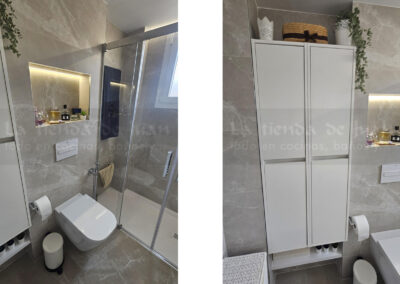 Aseo, Baño DiGiovanni, Reforma, Zaragoza, Baño, Mueble a medida, amueblamiento, mueble blanco, lavabo sobre encimera, tirador oculto, mueble cajones, durian, corian, krion, encimera madera, mampara cristal, cerámica mosaico, cerámica crema, cerámica lineas, suelo gris, radiador toallero, columna ducha, plato ducha pizarra, plato ducha a ras, toallero en alto, mampara de dos hojas, bañera, espejo luz led, mampara bañera