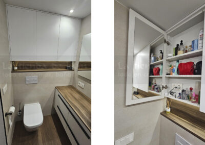 Aseo, Baño DiGiovanni, Reforma, Zaragoza, Baño, Mueble a medida, amueblamiento, mueble blanco, lavabo sobre encimera, tirador oculto, mueble cajones, durian, corian, krion, encimera madera, mampara cristal, cerámica mosaico, cerámica crema, cerámica lineas, suelo gris, radiador toallero, columna ducha, plato ducha pizarra, plato ducha a ras, toallero en alto, mampara de dos hojas, bañera, espejo luz led, mampara bañera