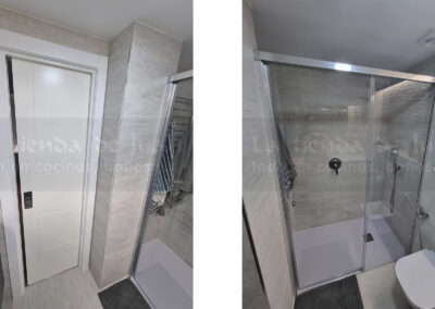 Aseo, Baño DiGiovanni, Reforma, Zaragoza, Baño, Mueble a medida, amueblamiento, mueble blanco, lavabo sobre encimera, tirador oculto, mueble cajones, durian, corian, krion, encimera madera, mampara cristal, cerámica mosaico, cerámica crema, cerámica lineas, suelo gris, radiador toallero, columna ducha, plato ducha pizarra, plato ducha a ras, toallero en alto, mampara de dos hojas, bañera, espejo luz led, mampara bañera