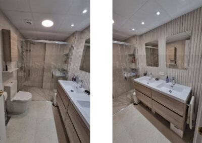 Aseo, Baño DiGiovanni, Reforma, Zaragoza, Baño, Mueble a medida, amueblamiento, mueble blanco, lavabo sobre encimera, tirador oculto, mueble cajones, durian, corian, krion, encimera madera, mampara cristal, cerámica mosaico, cerámica crema, cerámica lineas, suelo gris, radiador toallero, columna ducha, plato ducha pizarra, plato ducha a ras, toallero en alto, mampara de dos hojas, bañera, espejo luz led, mampara bañera