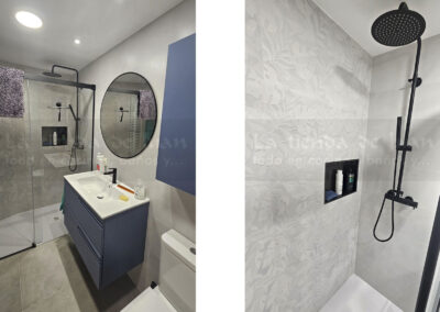 Aseo, Baño DiGiovanni, Reforma, Zaragoza, Baño, Mueble a medida, amueblamiento, mueble blanco, lavabo sobre encimera, tirador oculto, mueble cajones, durian, corian, krion, encimera madera, mampara cristal, cerámica mosaico, cerámica crema, cerámica lineas, suelo gris, radiador toallero, columna ducha, plato ducha pizarra, plato ducha a ras, toallero en alto, mampara de dos hojas, bañera, espejo luz led, mampara bañera