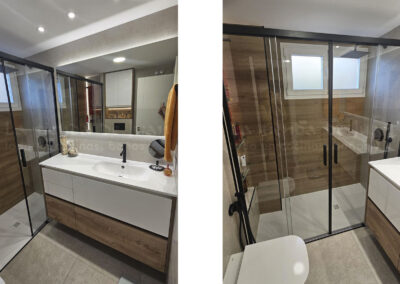 Aseo, Baño DiGiovanni, Reforma, Zaragoza, Baño, Mueble a medida, amueblamiento, mueble blanco, lavabo sobre encimera, tirador oculto, mueble cajones, durian, corian, krion, encimera madera, mampara cristal, cerámica mosaico, cerámica crema, cerámica lineas, suelo gris, radiador toallero, columna ducha, plato ducha pizarra, plato ducha a ras, toallero en alto, mampara de dos hojas, bañera, espejo luz led, mampara bañera