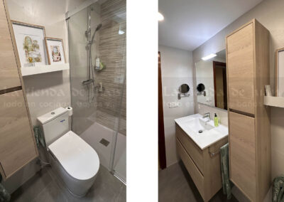 Aseo, Baño DiGiovanni, Reforma, Zaragoza, Baño, Mueble a medida, amueblamiento, mueble blanco, lavabo sobre encimera, tirador oculto, mueble cajones, durian, corian, krion, encimera madera, mampara cristal, cerámica mosaico, cerámica crema, cerámica lineas, suelo gris, radiador toallero, columna ducha, plato ducha pizarra, plato ducha a ras, toallero en alto, mampara de dos hojas, bañera, espejo luz led, mampara bañera, bañera decoraiva